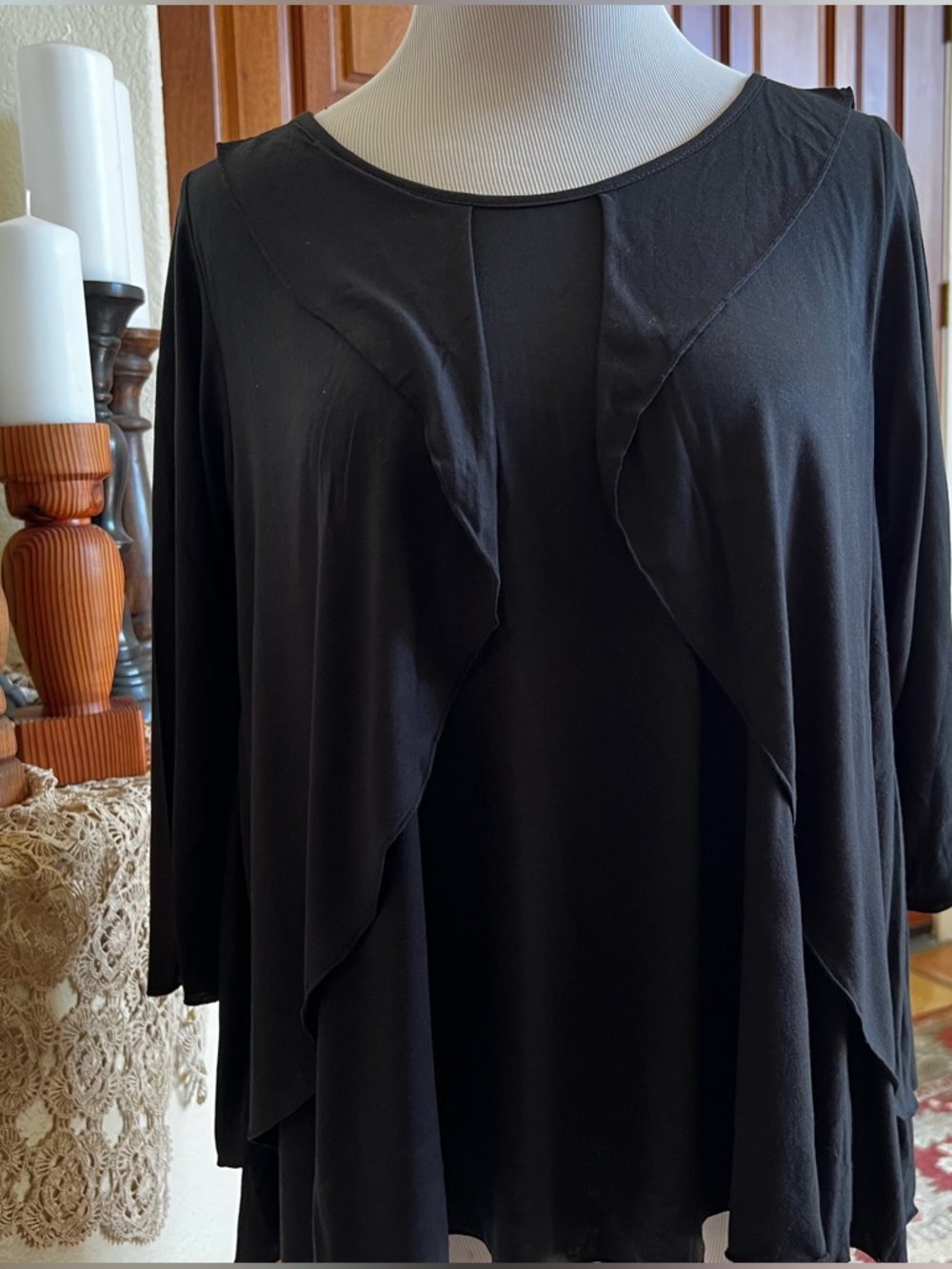 Dunia Black Scoop Neck Keyhole Back Front Drape Top Blouse Long Sleeve Size S
